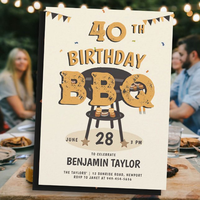 Invitation Jardin d'été pour les hommes fête d'anniversaire B (mens birthday party ideas backyard bbq summer outside black yellow orange husband boyfriend dad fun)