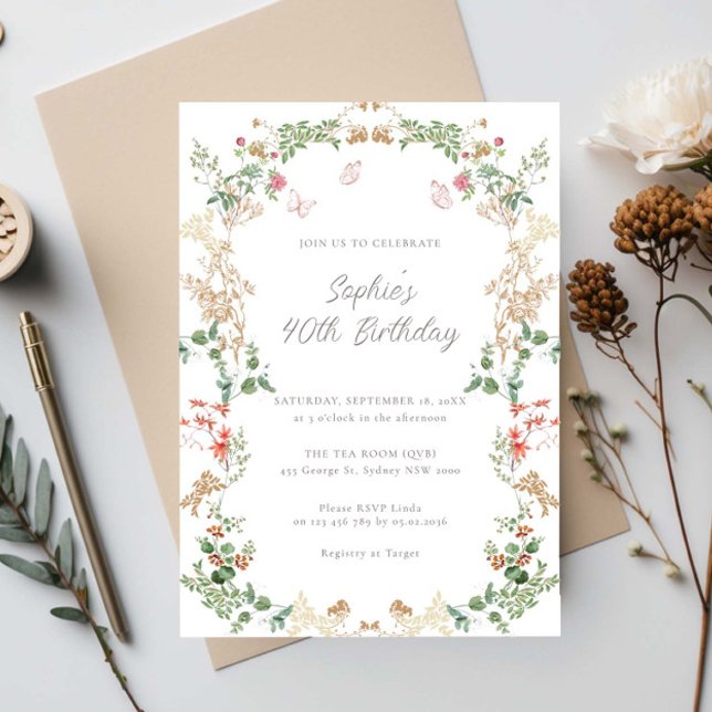 Invitation Jardin Élégant de Fleurs Sauvages 40e anniversaire (Créateur téléchargé)