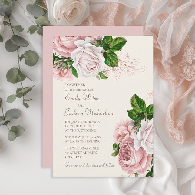 Invitation Jardin Élégant Fleurs Roses Blush Crème Mariage (Elegant blush pink vintage floral wedding invitation)