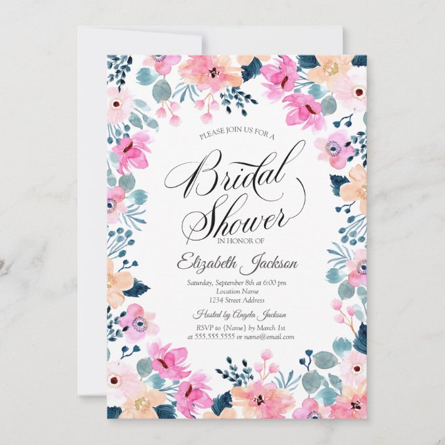 Invitation Jardin Élégant Fleurs Roses  Lancement de Mariée (Devant)