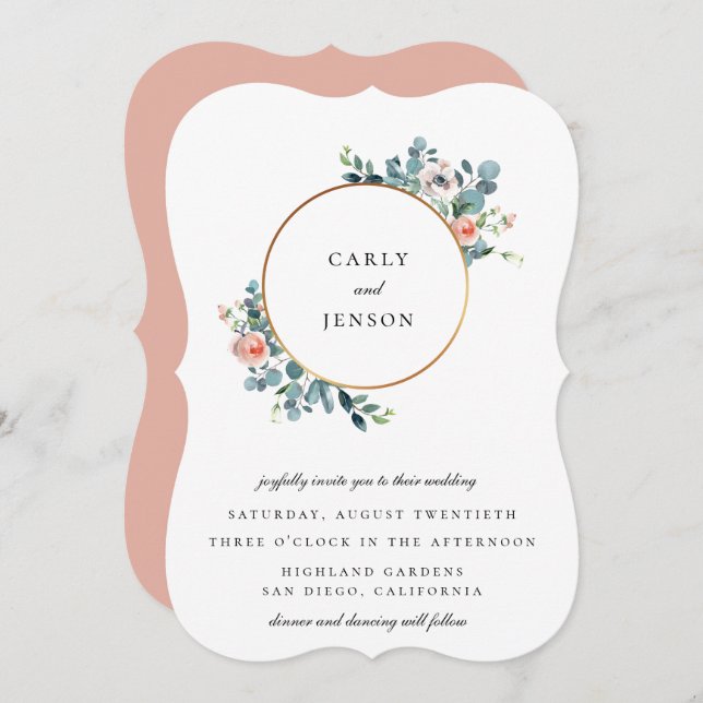 Invitation Jardin en Fleur Mariage Cercle Doré (Devant / Derrière)