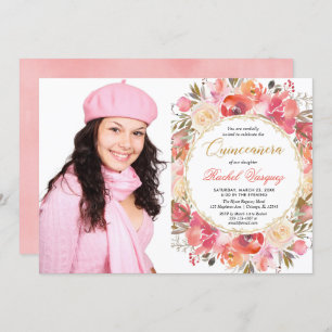 Invitation Jardin en or rose corail floral Quinceanera photo