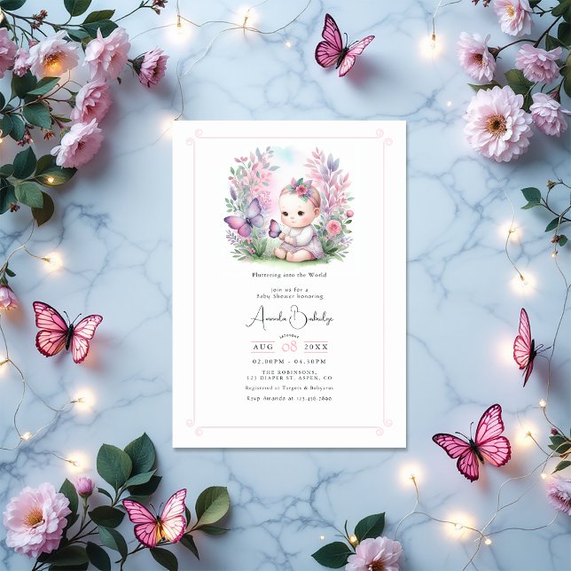 Invitation Jardin enchanté Baby shower d'amour Fbattage (Enchanted Garden Flutter Love Baby Shower Invitation)