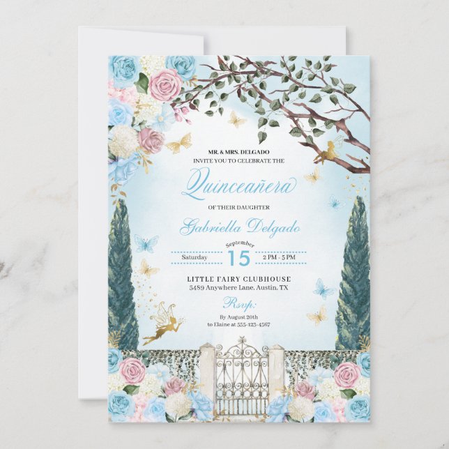 Invitation Jardin enchanté bleu et rose Fée Quinceanera (Devant)