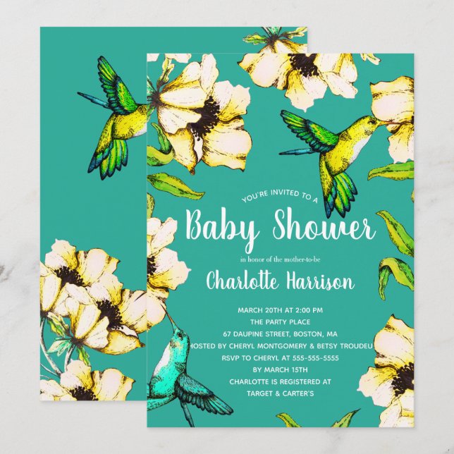Invitation Jardin enchanté colibris et Baby shower floral (Devant / Derrière)