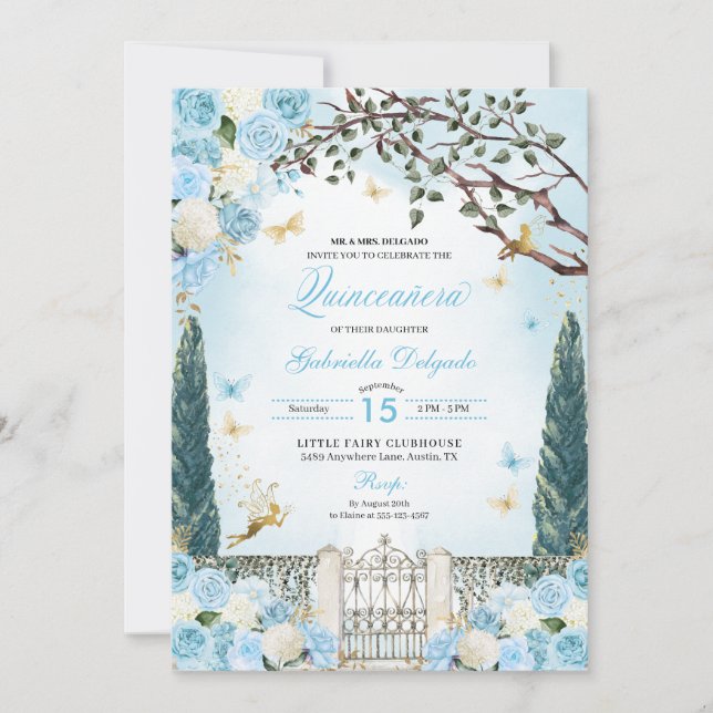 Invitation Jardin enchanté de fées bleues Quinceanera (Devant)