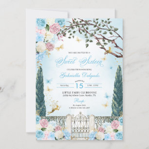 Invitation Jardin enchanté de fées bleues Sweet sixteen