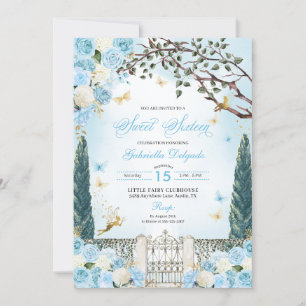 Invitation Jardin enchanté de fées bleues Sweet sixteen