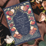 Invitation Jardin enchanté Floral Sweet 16 Anniversaire<br><div class="desc">Célébrez votre Sweet 16 en style! Les invitations à nos fêtes d'anniversaire comportent un cadre floral rose et rouge étonnant contre un arrière - plan bleu aux accents dorés chic. Parfait pour une fête vibrante et inoubliable ! VEUILLEZ NOTER : L'or présenté dans la conception de ce produit n'est PAS...</div>