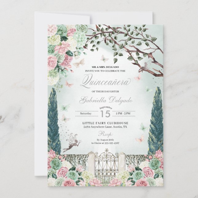 Invitation Jardin enchanté rose argent Quinceanera (Devant)