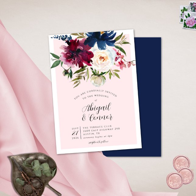 Invitation Jardin enchanté Rose Blush Burgundy Navy (Créateur téléchargé)