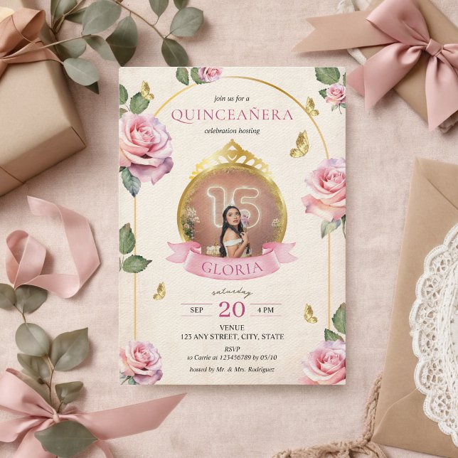 Invitation Jardin enchanté Rose Roses Or Photo Quinceanera (Enchanted Garden Pink Roses Photo Quinceanera  Princess Tiara 15th Birthday Party Gold Arch)