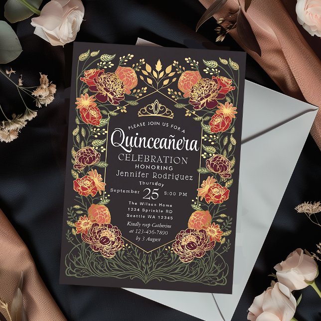 Invitation Jardin enchanté rouge et noir Quinceanera (Créateur téléchargé)