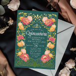 Invitation Jardin enchanté vert Quinceanera Florale<br><div class="desc">Célébrez votre Quinceañera dans un jardin enchanté! Cette invitation présente un cadre luxuriant de fleurs roses et oranges aux accents dorés contre un arrière - plan vert, ajoutant une touche de magie à votre journée spéciale. Personnalisez-le pour répondre à vos besoins. REMARQUE : L'or présenté sur ce produit n'est PAS...</div>