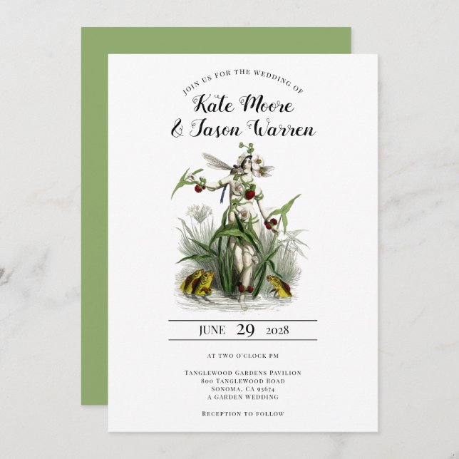 Invitation Jardin enchanté vintage Mariage vert fée (Devant / Derrière)