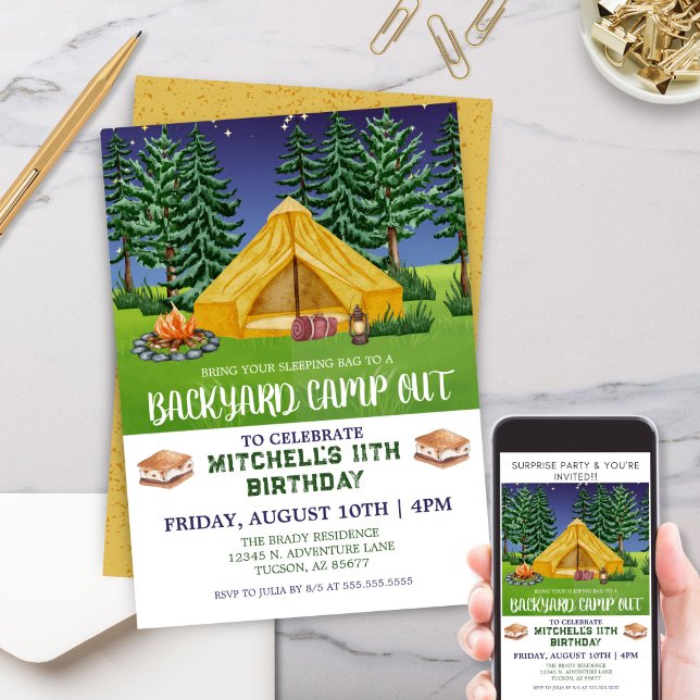 Invitation Jardin extérieur Smores Camp dehors Anniversaire (Modern Camping Outdoors Backyard Campout Birthday Party Invitation for Kids or Family Camping Trip)