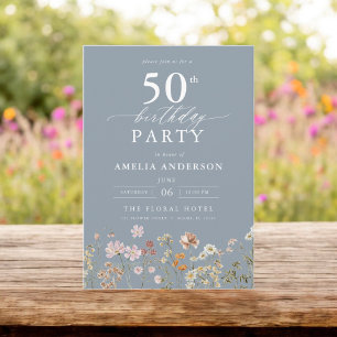 Invitation Jardin Fleur sauvage bleu Dusty Floral 50e anniver