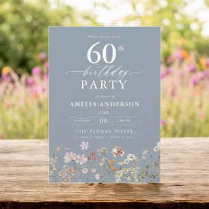 Invitation Jardin Fleur sauvage bleu Dusty Floral 60e anniver