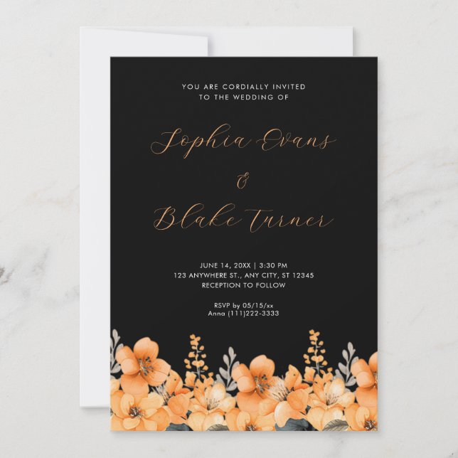 Invitation Jardin Fleur sauvage orange moderne Mariage noir (Devant)