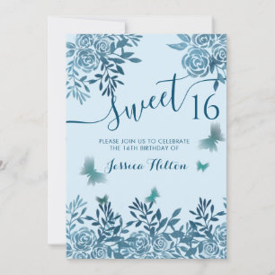 Invitation Jardin fleuri à papillon bleu sweet sixteen Invita