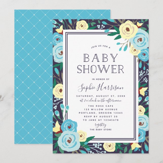 Invitation Jardin fleuri Baby shower bleu floral (Devant / Derrière)