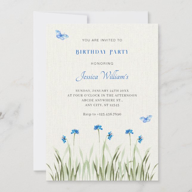 Invitation Jardin fleuri bleu aquarelle (Devant)
