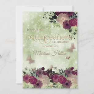 Invitation Jardin fleuri de papillon bokeh vert Quinceañera