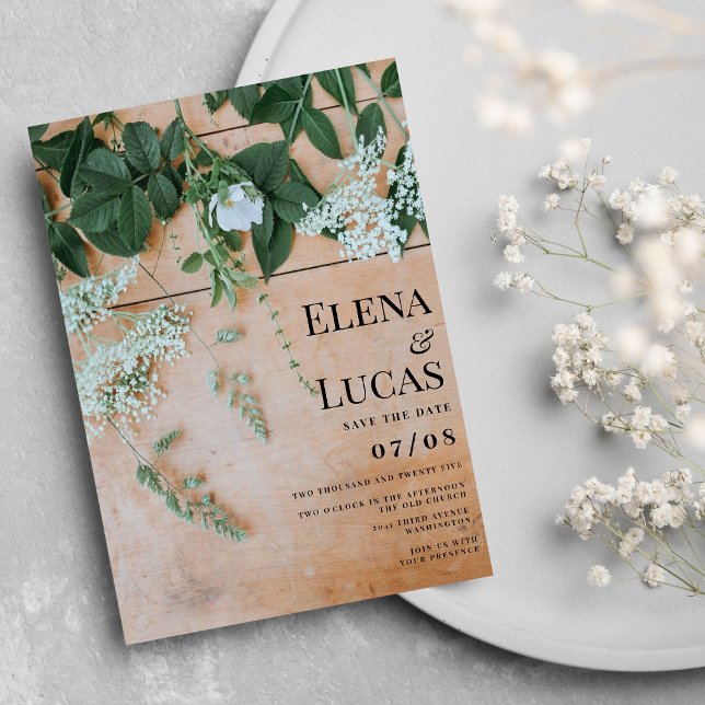 Invitation Jardin fleuri en bois clair rustique mariage (Rustic light brown wood floral backyard wedding)