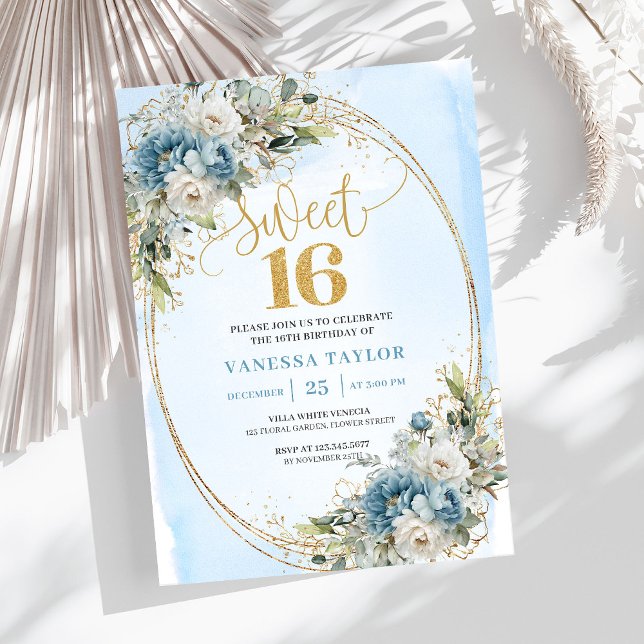 Invitation Jardin Fleurs Bleu Poussiéreux Sweet 16e Anniversa (Garden Dusty Blue Floral Sweet 16th Birthday Invite)
