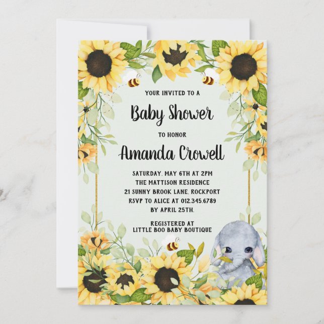 Invitation Jardin Fleurs de soleil Elephant Baby shower neutr (Devant)