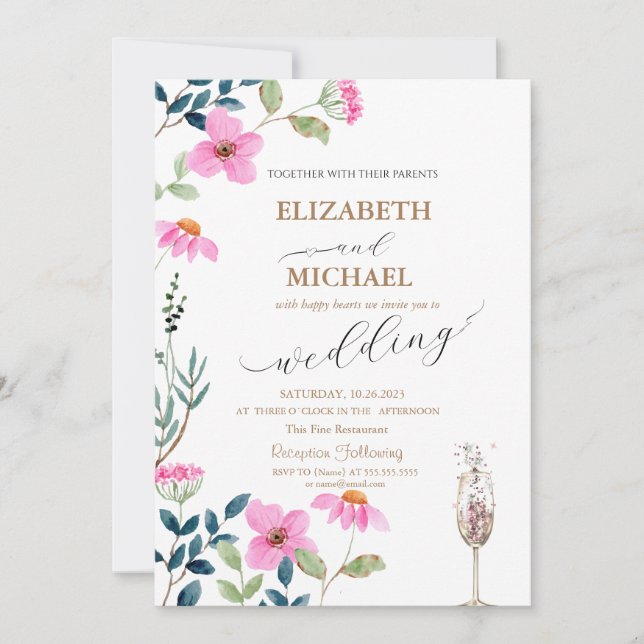 Invitation Jardin Fleurs roses Champagne Mariage en verre (Devant)