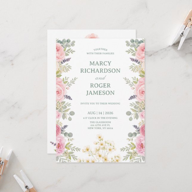 Invitation Jardin Floral Aquarelle Douce (Devant/Arrière en situation)