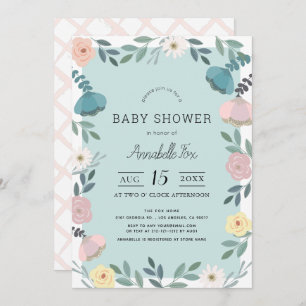 Invitation Jardin Floral Baby shower bleu clair