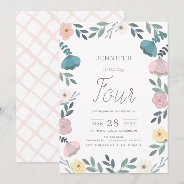 Invitation Jardin Floral Blanc GIrl Anniversaire (Devant / Derrière)