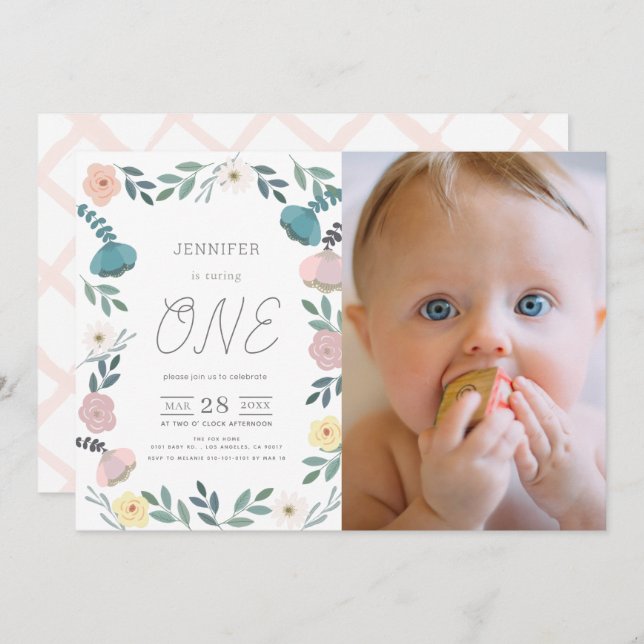 Invitation Jardin Floral Blanc GIrl Photo 1er anniversaire (Devant / Derrière)