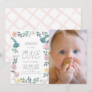 Invitation Jardin Floral Blanc GIrl Photo 1er anniversaire