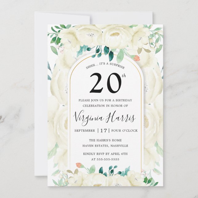 Invitation Jardin Floral Blanc Vingt-vingtième anniversaire (Devant)