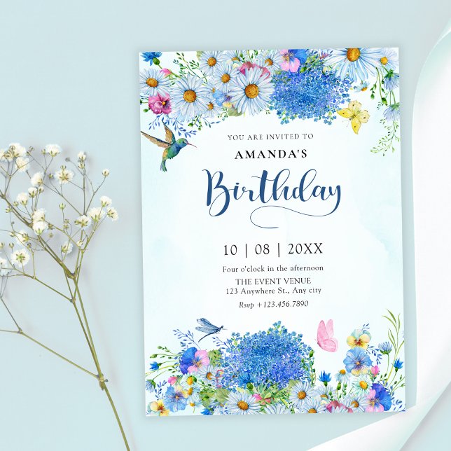 Invitation Jardin floral bleu aquarelle anniversaire (Créateur téléchargé)