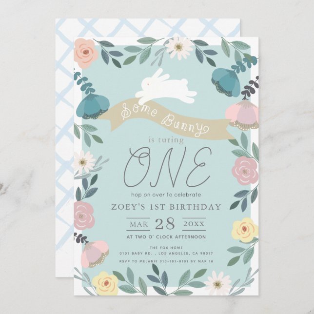 Invitation Jardin Floral Bleu Blanc Lapin Fille 1er anniversa (Devant / Derrière)