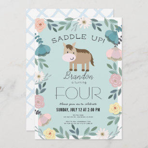 Invitation Jardin Floral Bleu Horse Boy Anniversaire