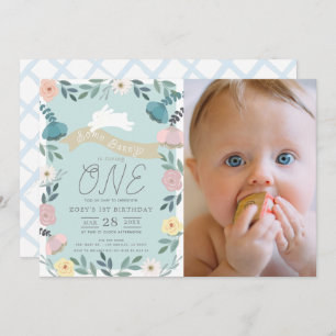 Invitation Jardin Floral Bleu Lapin Blanc Photo 1er Anniversa