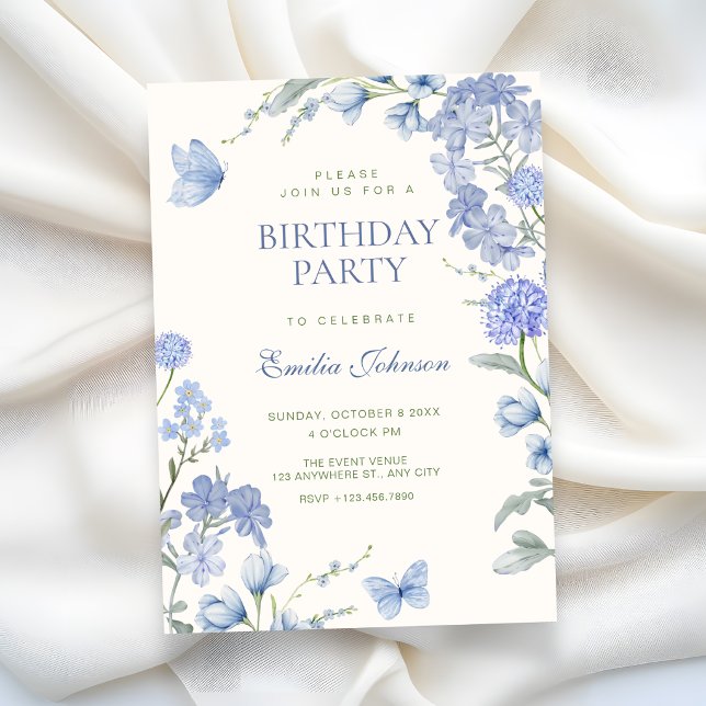 Invitation Jardin floral bleu pour anniversaire (Créateur téléchargé)