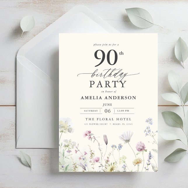 Invitation Jardin Floral Calligraphie 90e anniversaire (Créateur téléchargé)