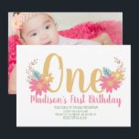 Invitation Jardin Floral Fête Rose Premier Anniversaire<br><div class="desc">Cartes d'Invitation Jardin Floral - Premier Anniversaire Un Floral - Ajouter Photo</div>