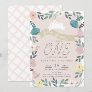Invitation Jardin Floral Fille Lapin Rose Blanc 1er Anniversa
