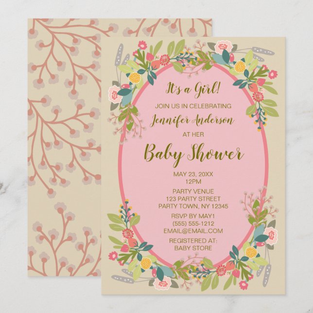 Invitation Jardin Floral Girl Baby shower (Devant / Derrière)