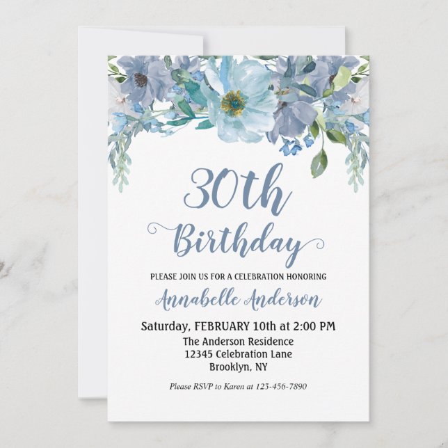 Invitation Jardin Floral gris bleu Aquarelle Script Anniversa (Devant)