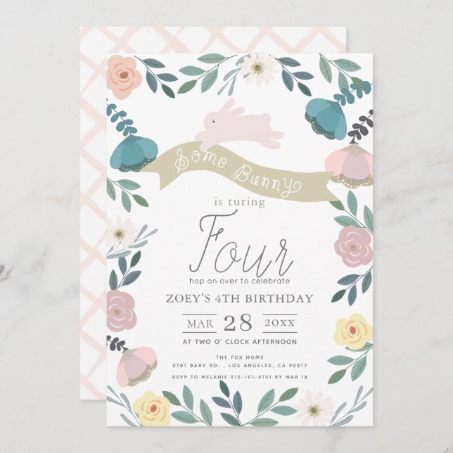 Invitation Jardin Floral Lapin Rose Fille Anniversaire (Devant / Derrière)