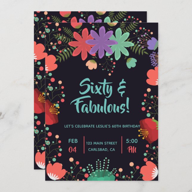 Invitation Jardin floral noir coloré fabuleux anniversaire (Devant / Derrière)