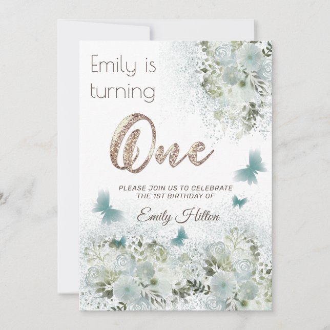 Invitation Jardin floral papillon premier anniversaire (Devant)